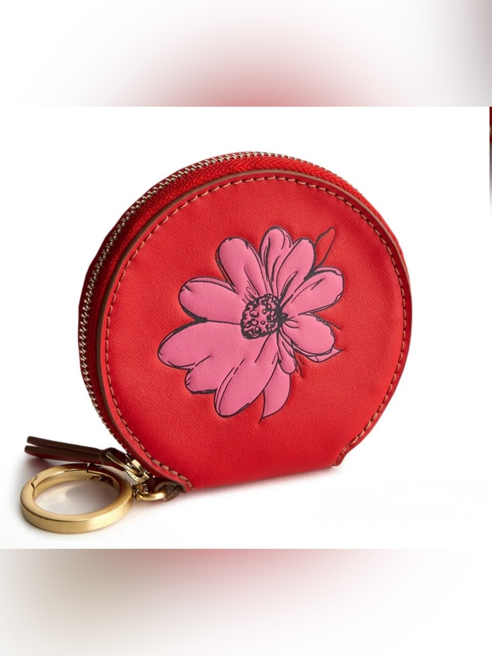 Vera Bradley Red Floral Round Coin Purse with Pink Flower